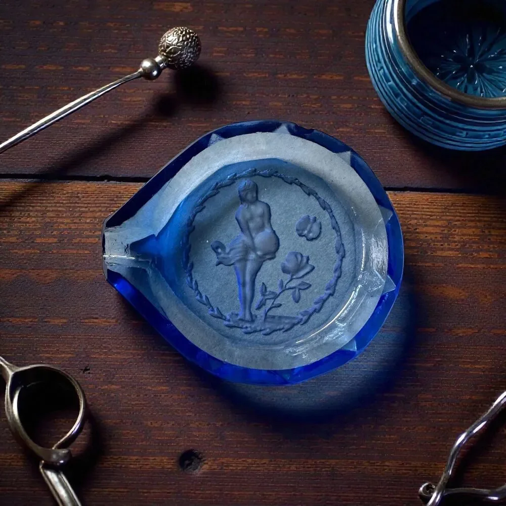 Vintage Art Deco Cobalt Blue Glass Ashtray, Schlevogt Lady Intaglio Trinket Dish